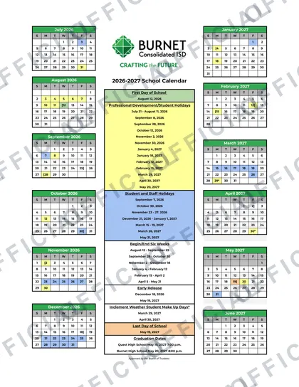 Burnet Consolidated ISD 2026-27 calendar