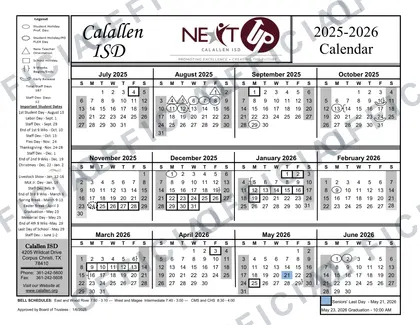 Calallen ISD 25-26 2026-27 calendar