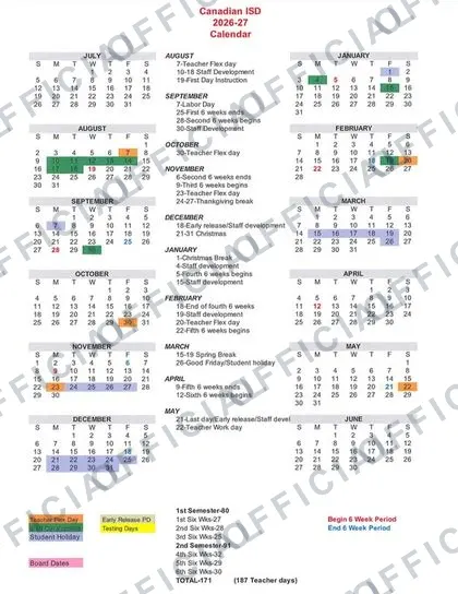 Canadian ISD 2026-27 calendar