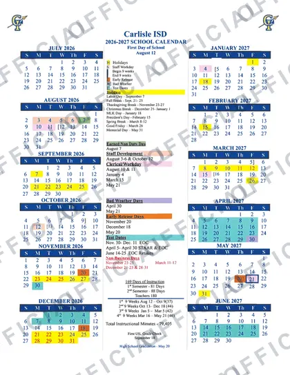 Carlisle ISD 2026-27 calendar