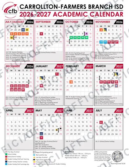 Carrollton-Farmers Branch ISD 2026-27 calendar