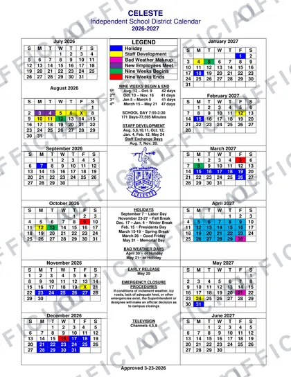 Celeste Independent School District 2026-27 calendar
