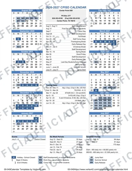 Center Point ISD 2026-27 calendar