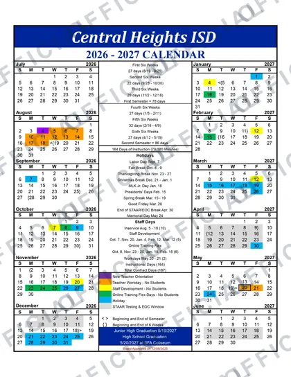 Central Heights ISD 2026-27 calendar