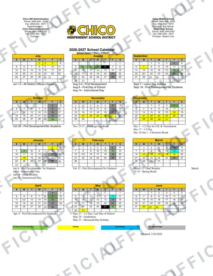 Chico Independent School District 2026-27 calendar