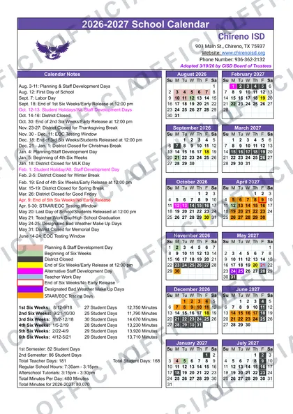 Chireno ISD 2026-27 calendar