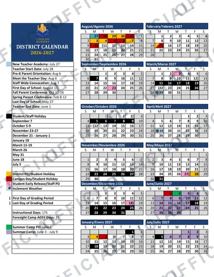 Cityscape Schools 2026-27 calendar