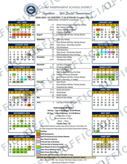 Clint Independent School District isd 2026-27 calendar