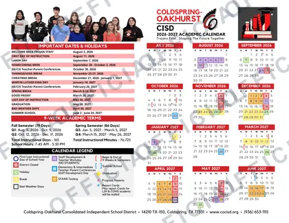 Coldspring-Oakhurst CISD 2026-27 calendar