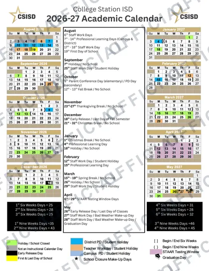 College Station ISD 2026-27 calendar