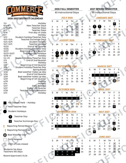 Commerce ISD 2026-27 calendar