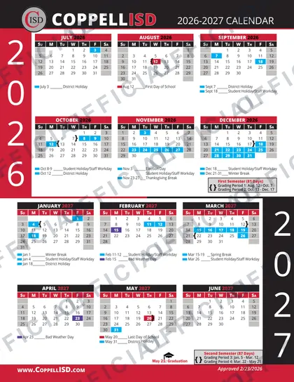 Coppell Independent School Districtv ISD 2026-27 calendar