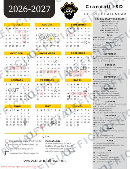 Crandall ISD 2026-27 calendar