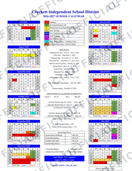 Crockett Independent School District 2026-27 calendar