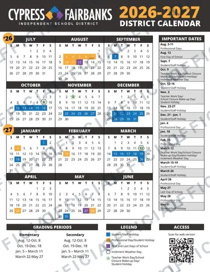 Cypress-Fairbanks ISD CFISD 2026-27 calendar