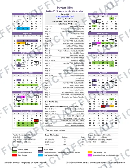 Dayton ISD Independent School District 2026-27 calendar