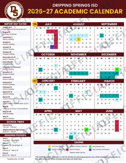 Dripping Springs ISD 2026-27 calendar