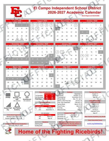 El Campo ISD Independent School District 2026-27 calendar