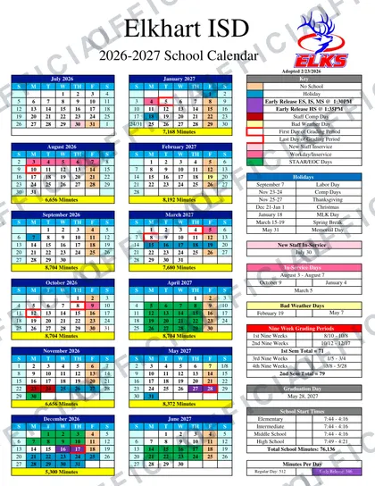Elkhart ISD 2026-27 calendar