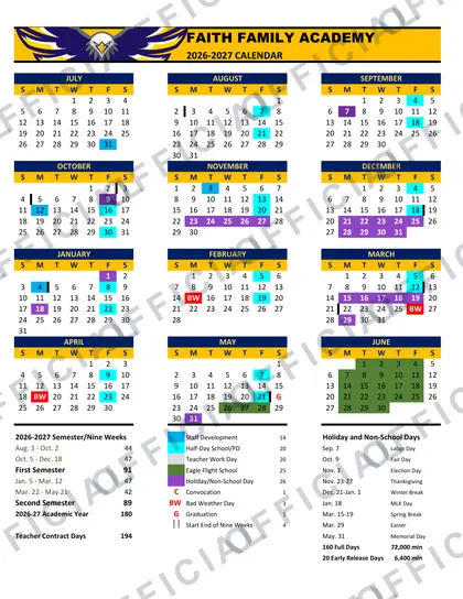 Faith Family Academy 2026-27 calendar