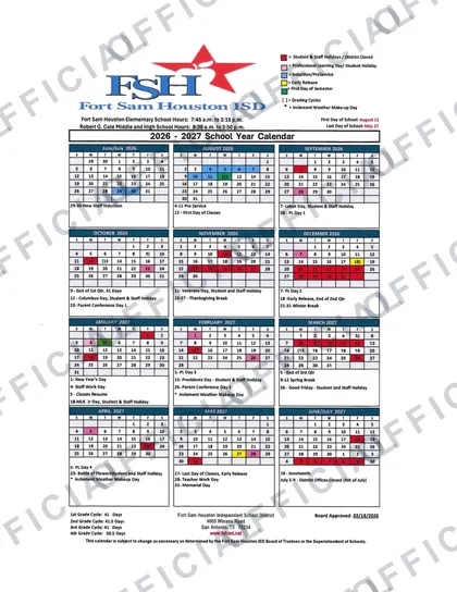 Fort Sam Houston ISD 2026-27 calendar