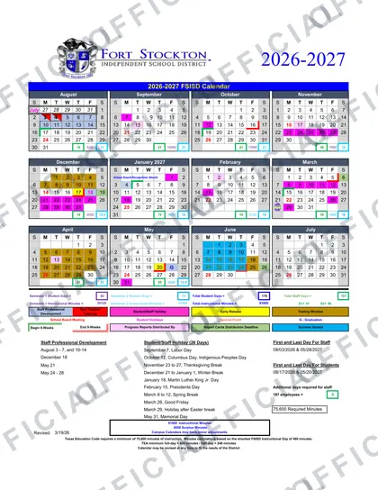 Fort Stockton FSISD 2026-27 calendar