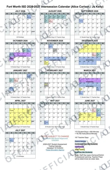 Fort Worth ISD Intersession 2026-27 calendar