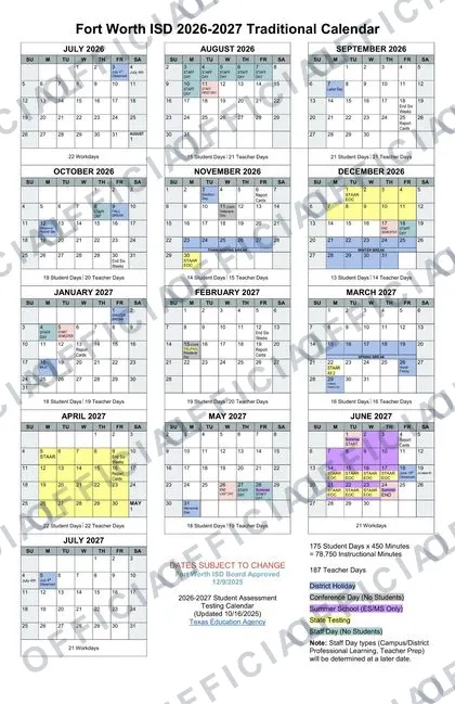 Fort Worth FWISD 2026-27 calendar