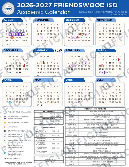 Friendswood ISD Independent School District 2026-27 calendar