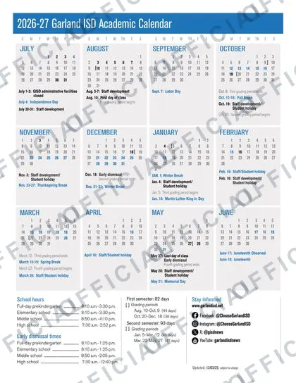 Garland ISD Independent School District 2026-27 calendar
