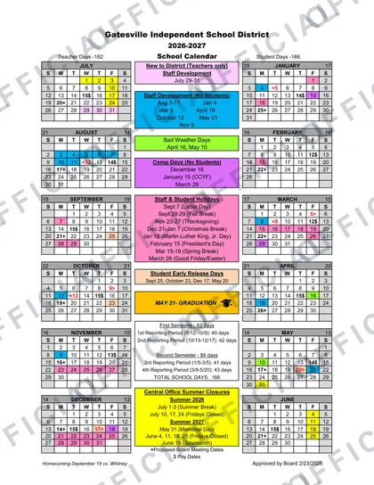 Gatesville Independent School District 2026-27 calendar