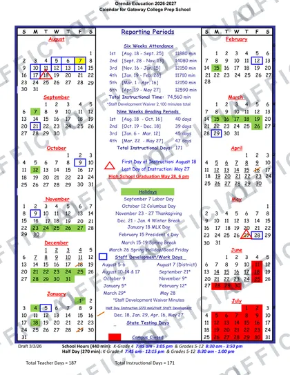 Gateway College Prep School 2026-27 calendar