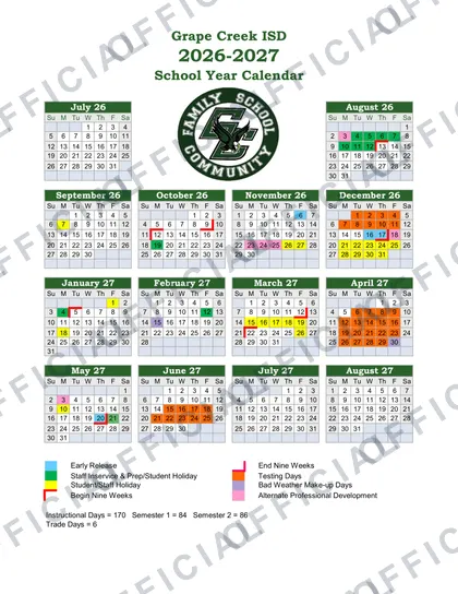 Grape Creek ISD 2026-27 calendar