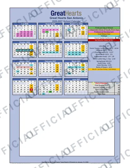 Great Hearts San Antonio 2026-27 calendar