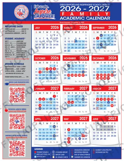 Gregory-Portland Independent School District 2026-27 calendar