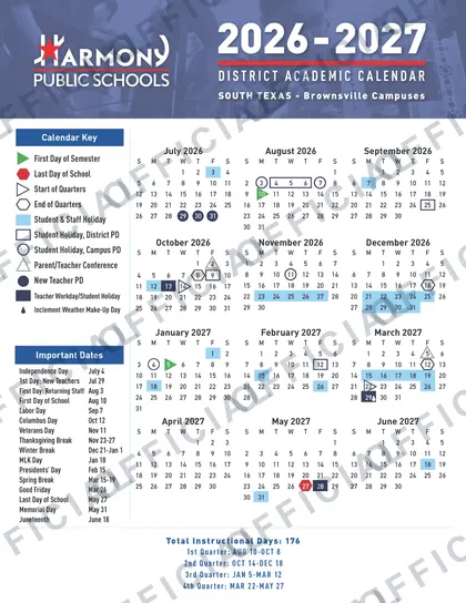 Harmony Public Schools Brownsville 2026-27 calendar