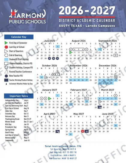 Harmony Public Schools Laredo 2026-27 calendar