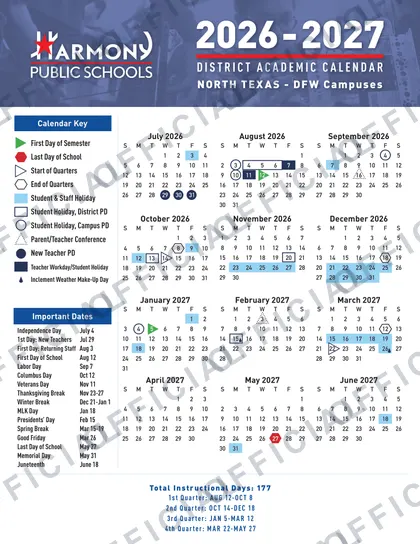 Harmony Public Schools North Texas DFW 2026-27 calendar