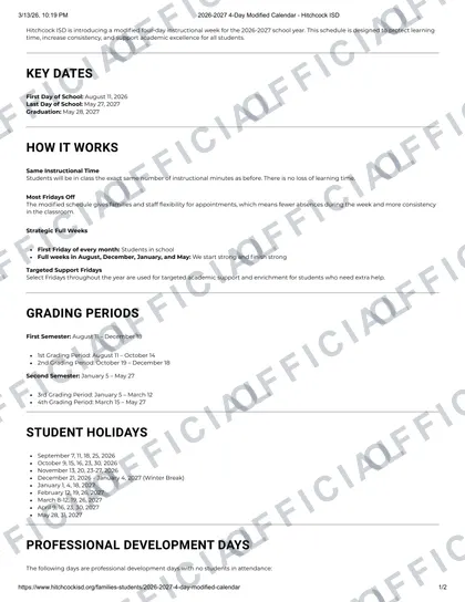 Hitchcock ISD 2026-27 calendar