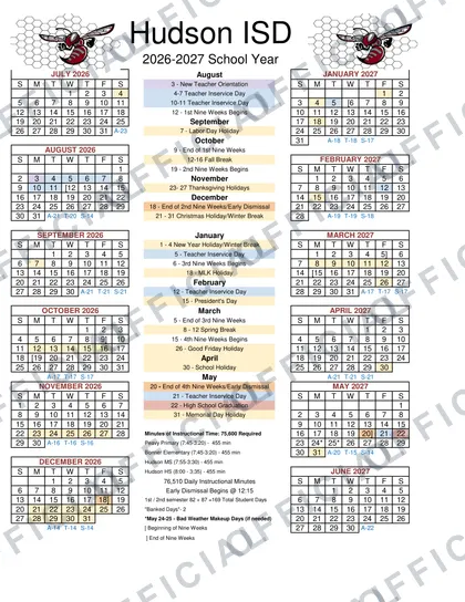 Hudson ISD Independent School District 2026-27 calendar