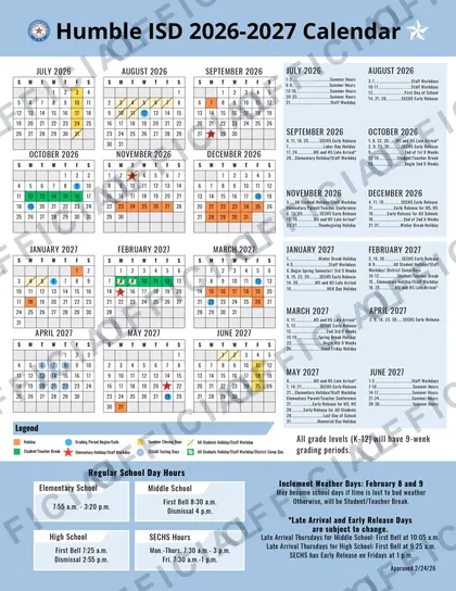 Humble ISD Independent School District 2026-27 calendar