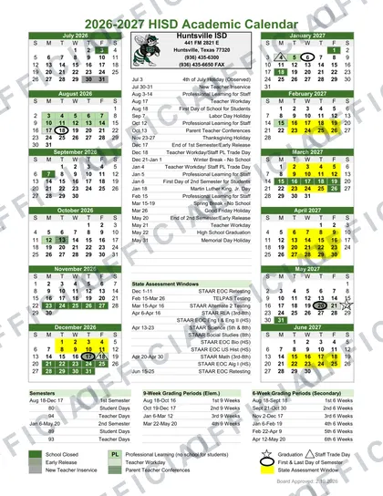 Huntsville ISD 2026-27 calendar