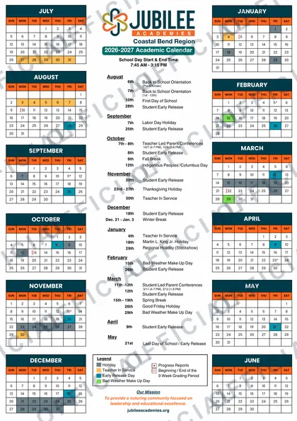 Jubilee Academies Coastal Bend Region 2026-27 calendar