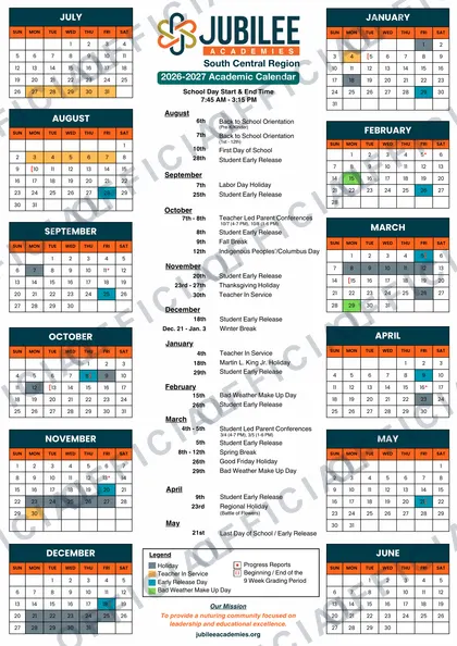 Jubilee Academies South Central Region 2026-27 calendar