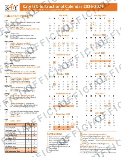 Katy ISD School 2026-27 calendar