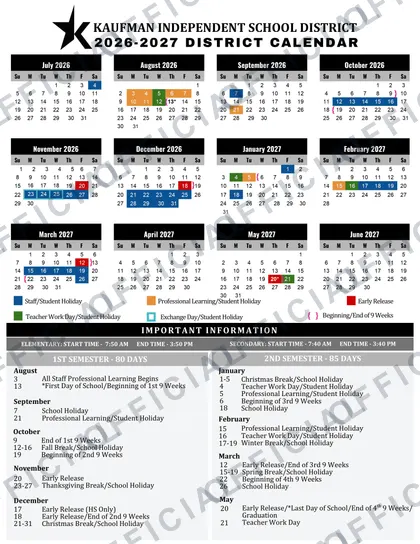 Kaufman Independent School District 2026-27 calendar