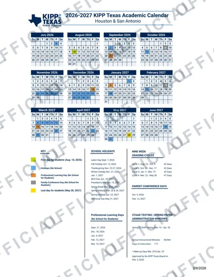 KIPP Texas Public Schools 2026-27 calendar