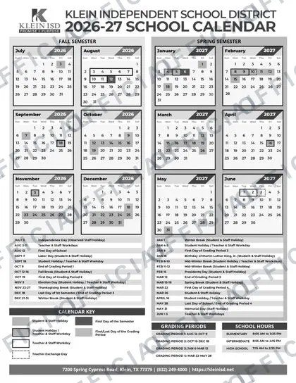 Klein ISD Independent School District 2026-27 calendar