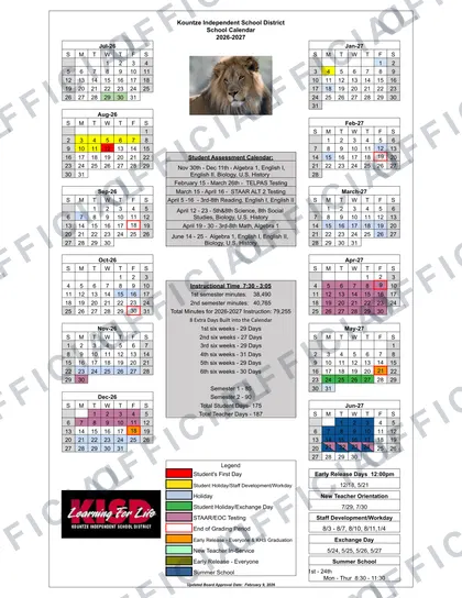 Kountze Independent School District 2026-27 calendar
