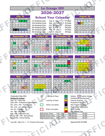 La Grange ISD 2026-27 calendar